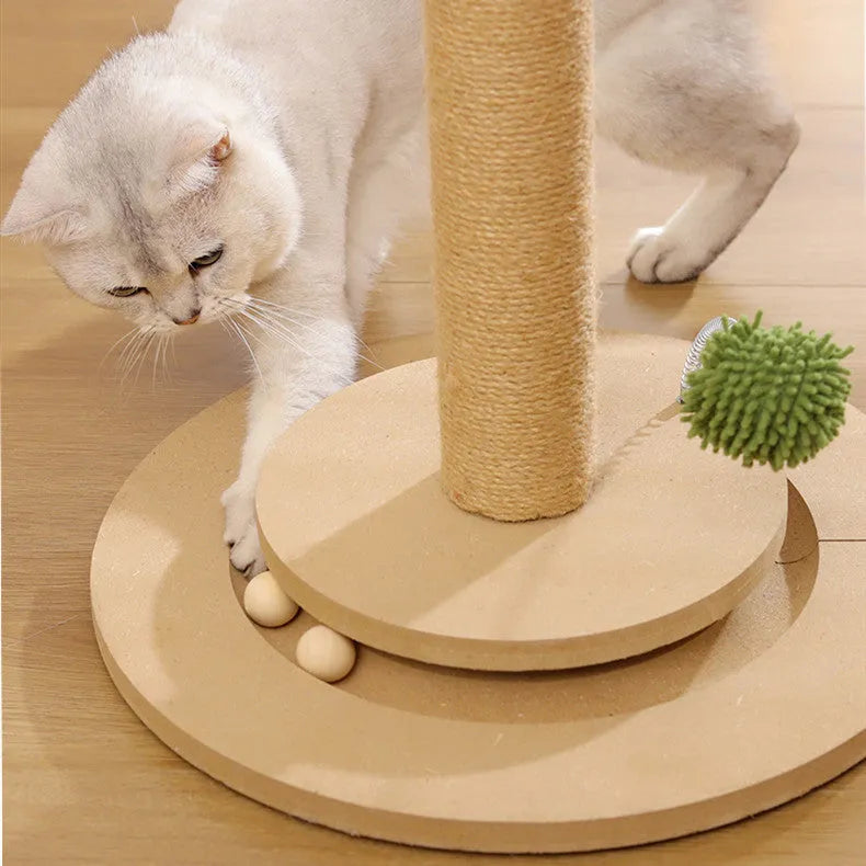 Vertical cat climbing frame with hemp rope posts and a density board platform in a canna colour.