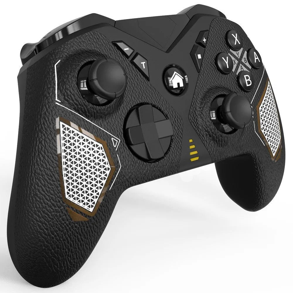 Black ABS plastic wireless game controller with leather pattern design for Nintendo Switch, PC and mobile.
