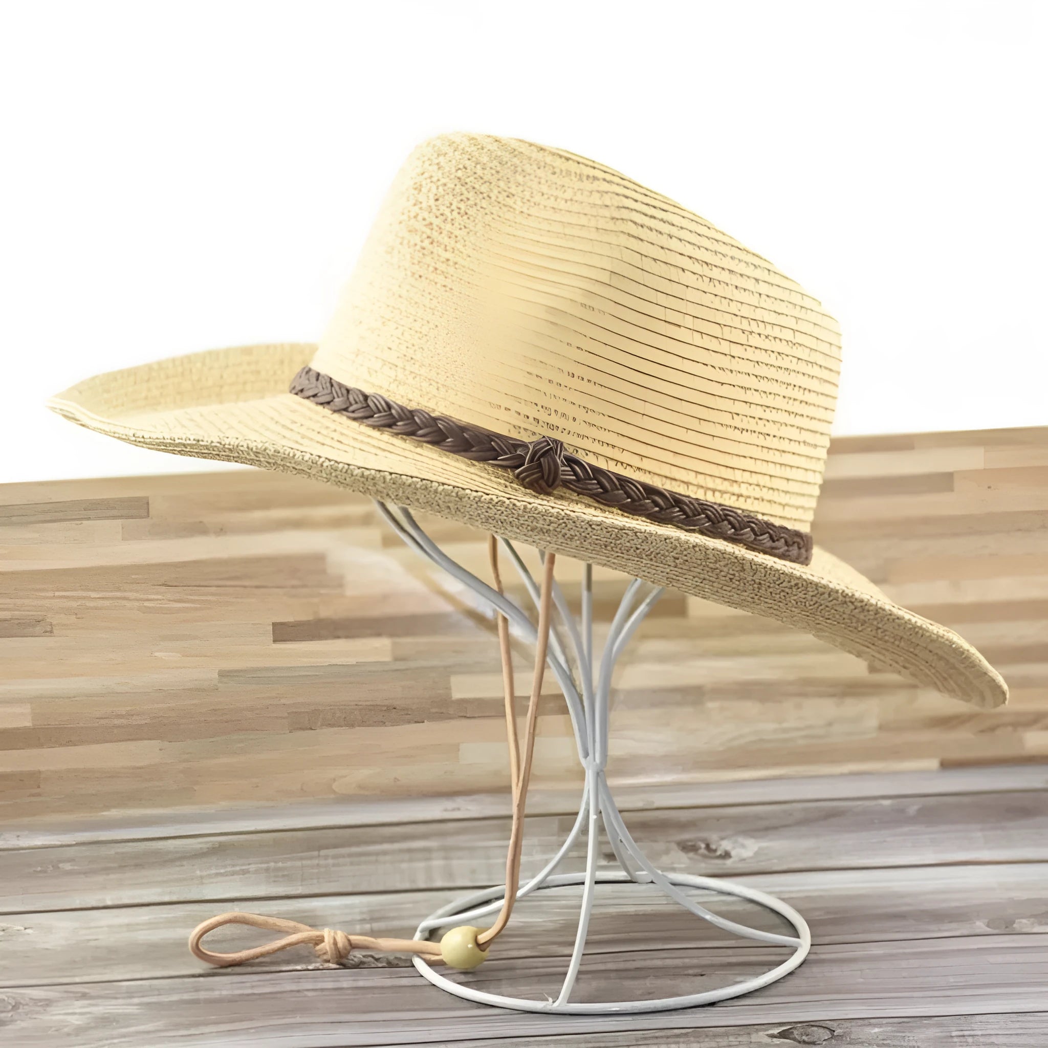Men's foldable straw sun hat with wide brim shown in natural beige colour