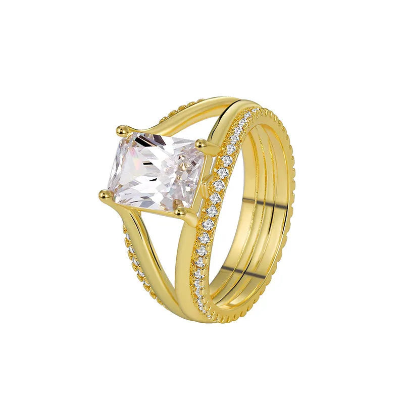 Geometric women's ring with square zircon stone on gold electroplated copper band