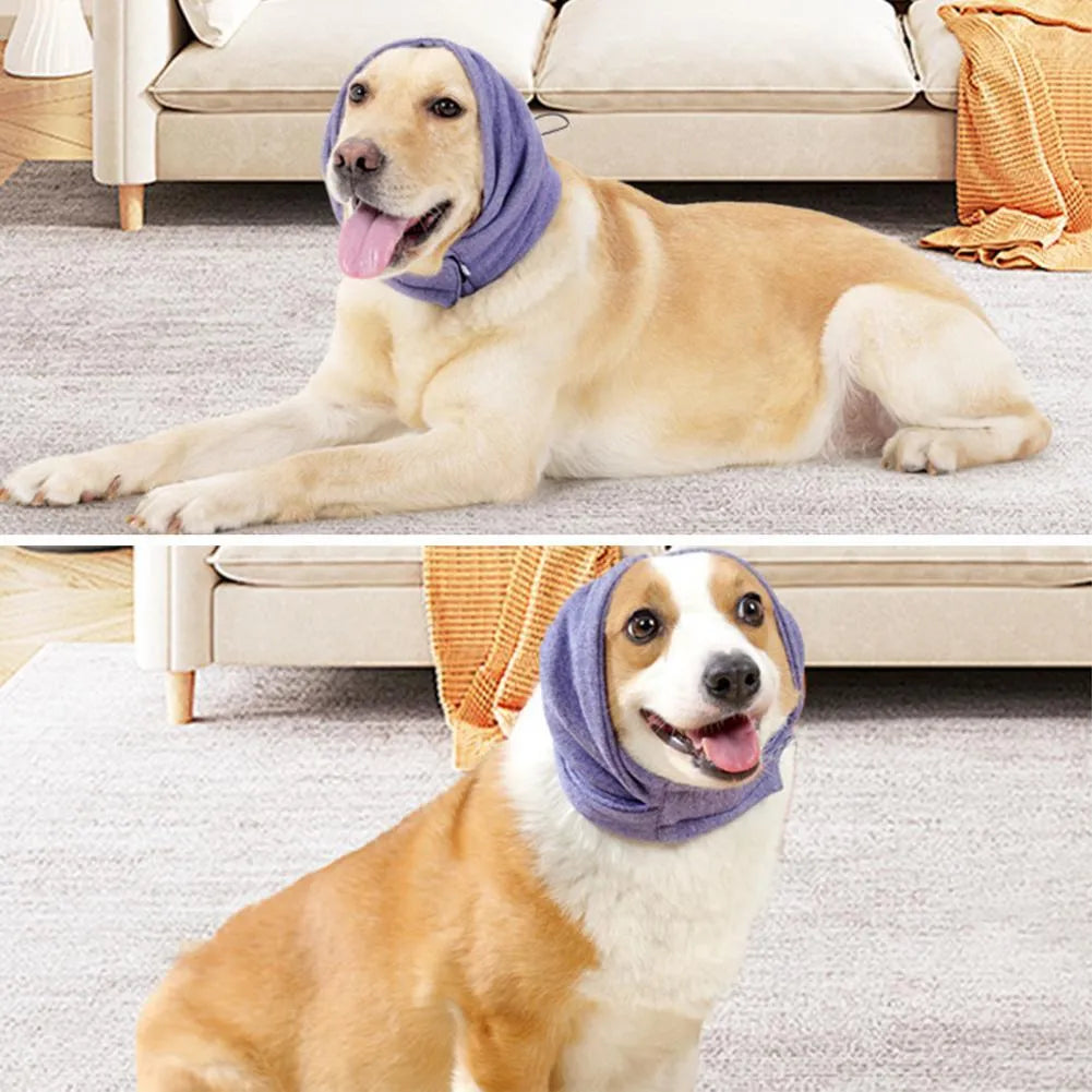 Black dog calming hoodie with ear covers on a pet, showing its multi-purpose use as a head warp and scarf.