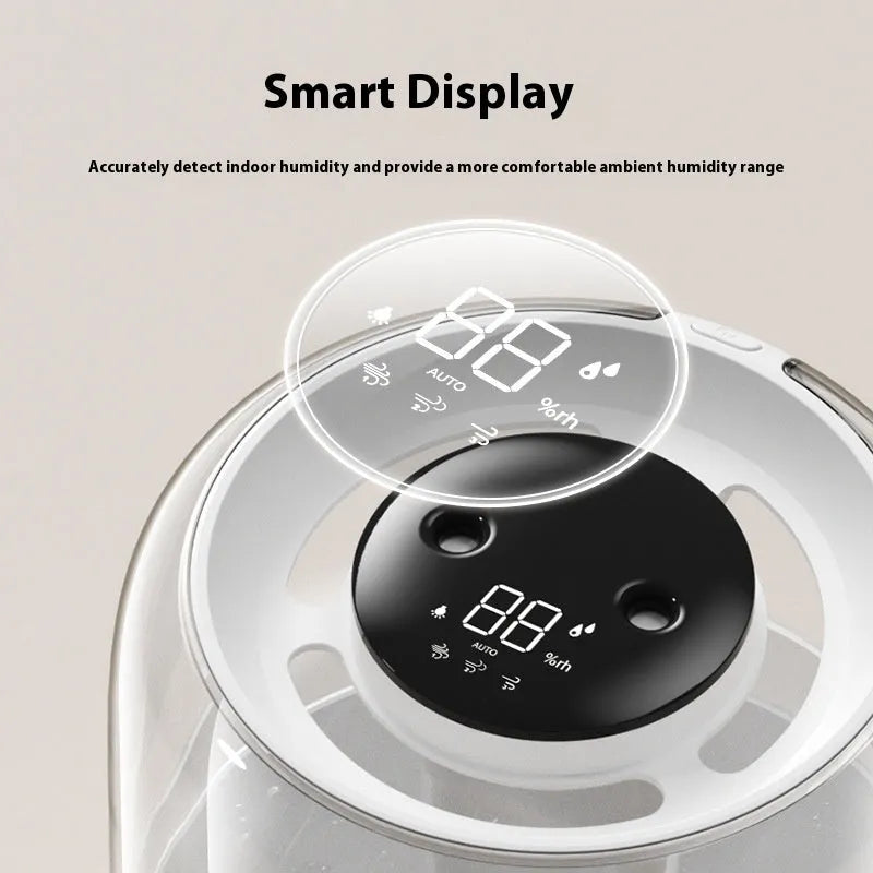 Beige round USB humidifier with dual spray nozzles and humidity display