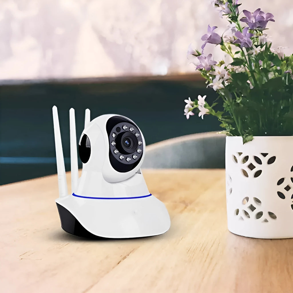 White dome-shaped wireless security camera with 2MP HD resolution and night vision for indoor/outdoor use