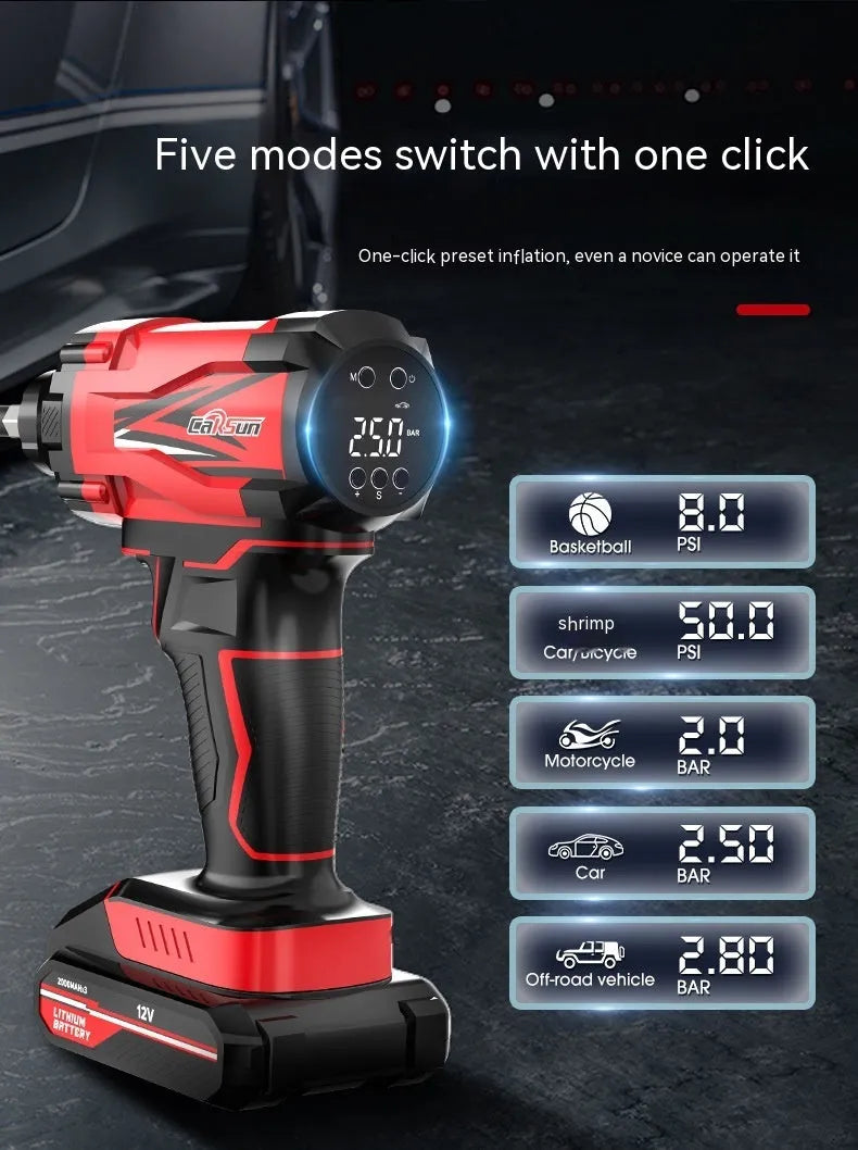 Red and black portable car tyre inflator with wireless charging and 12V cigarette lighter connection