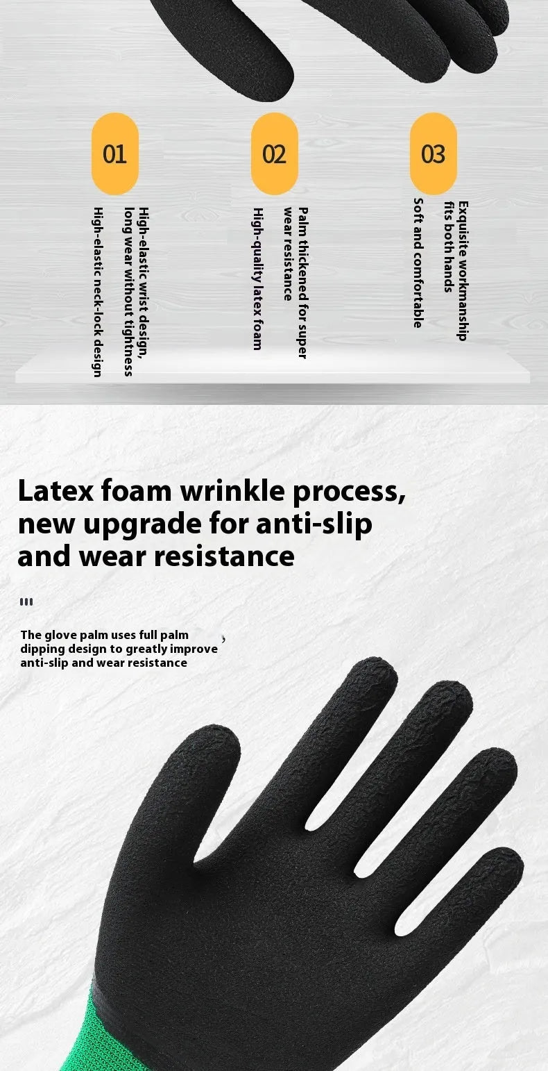Black and green rubber work gloves, M size, showing textured palm for non-slip grip.