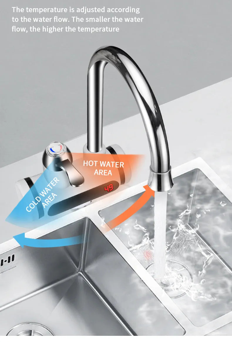 White electric kitchen water heater with digital temperature display and instant hot water function