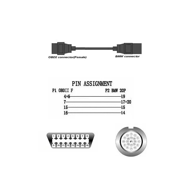 OBD2 BMW diagnostic adapter cable converting 20-pin to 16-pin connector