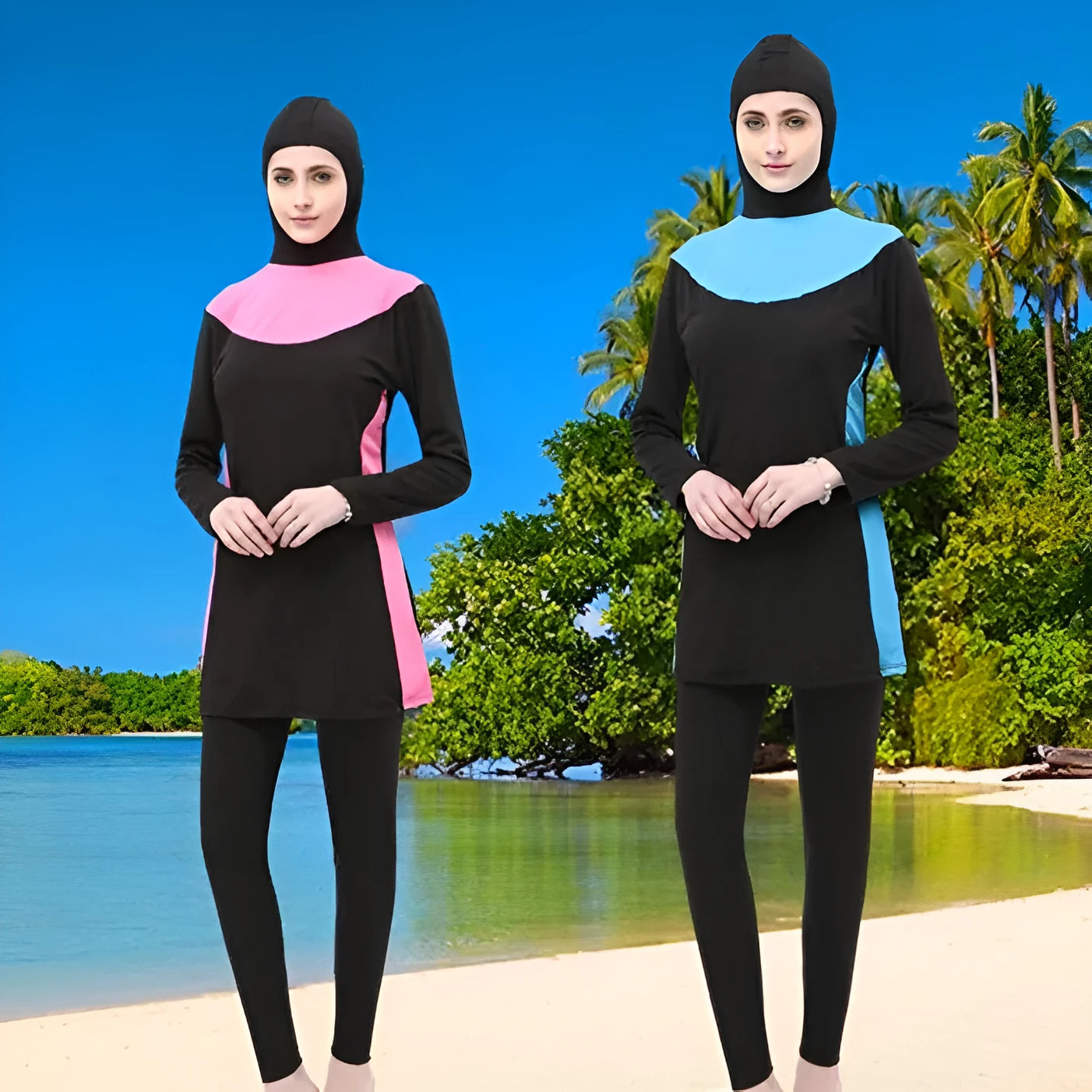 Women's black hooded long sleeve swimsuit top and pants for conservative swimming.