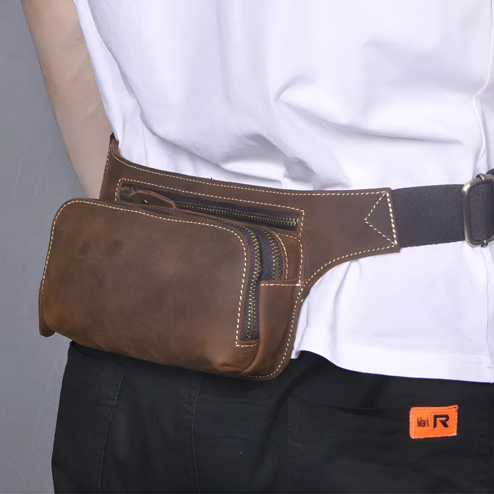 Brown top layer cowhide men's sports waist bag with pull closure
