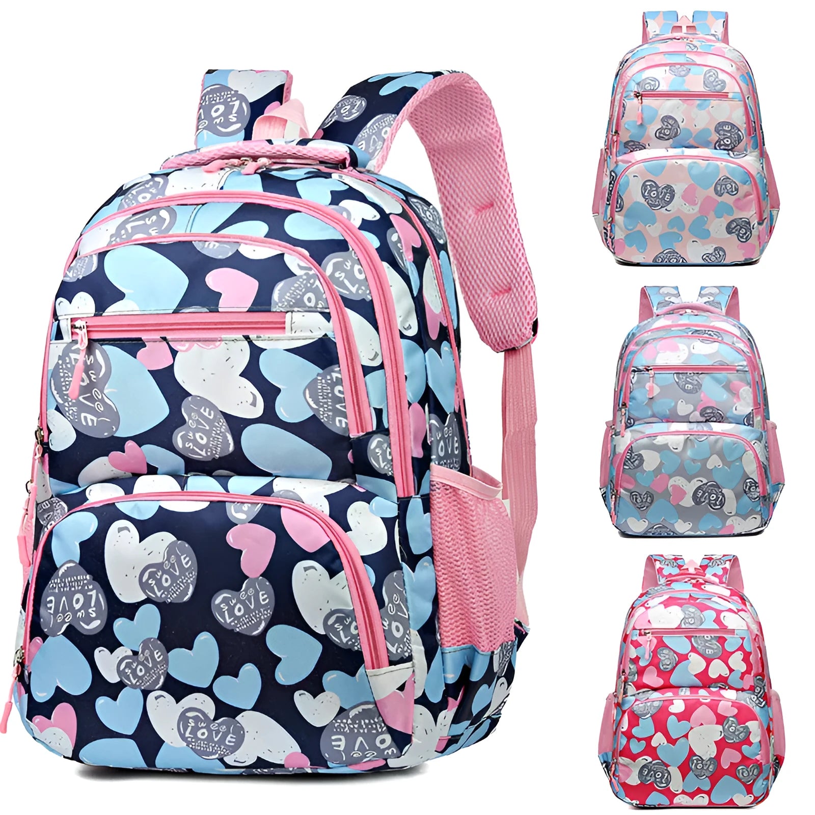 Blue large capacity student schoolbag with air pillow belt system on mannequin