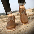 Men's black mid-top tide British leather boots with a flat style and rubber sole