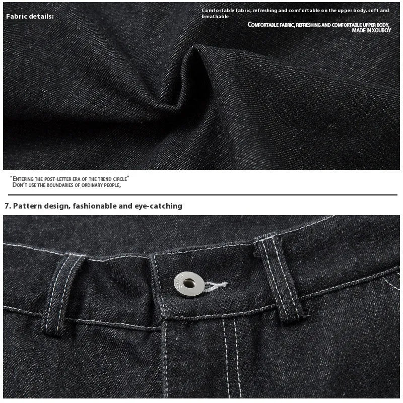 Black pleated mid-waist cotton denim jeans with multi-pocket workwear style on a hanger.