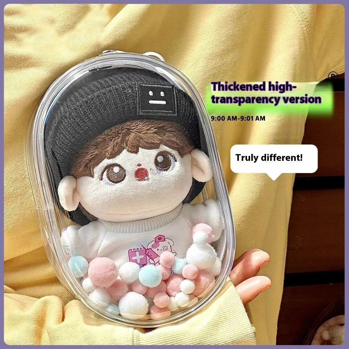 Transparent PVC cube storage bag for cotton dolls with colourful ball keychain in 17cm size.