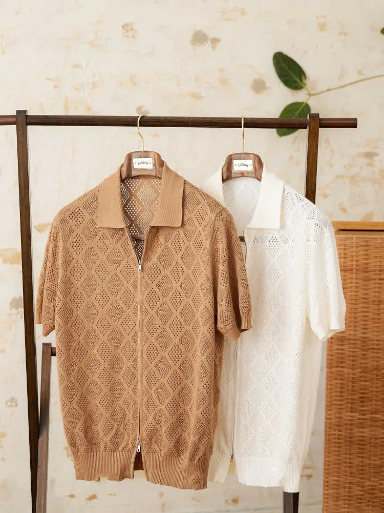 Light brown cotton cardigan with front zipper and lapel collar showing short sleeve design