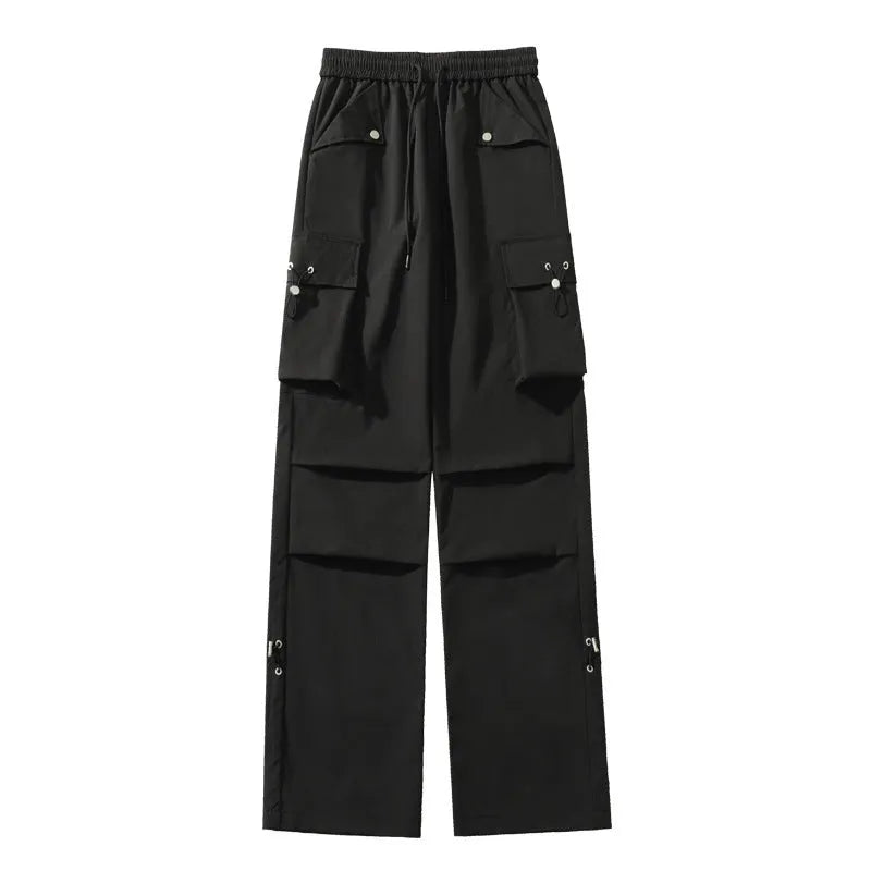 Waterproof plus size straight-leg trousers in black, white, or grey with drawstring waist