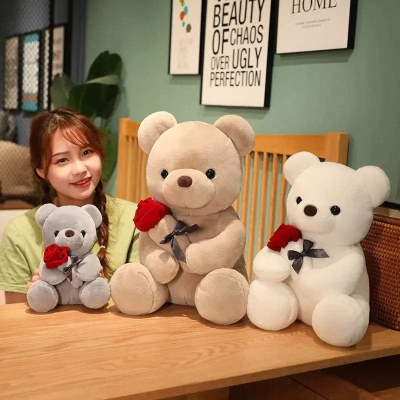 Rose print teddy bear plush doll in beige, brown, or grey, shown in various sizes.