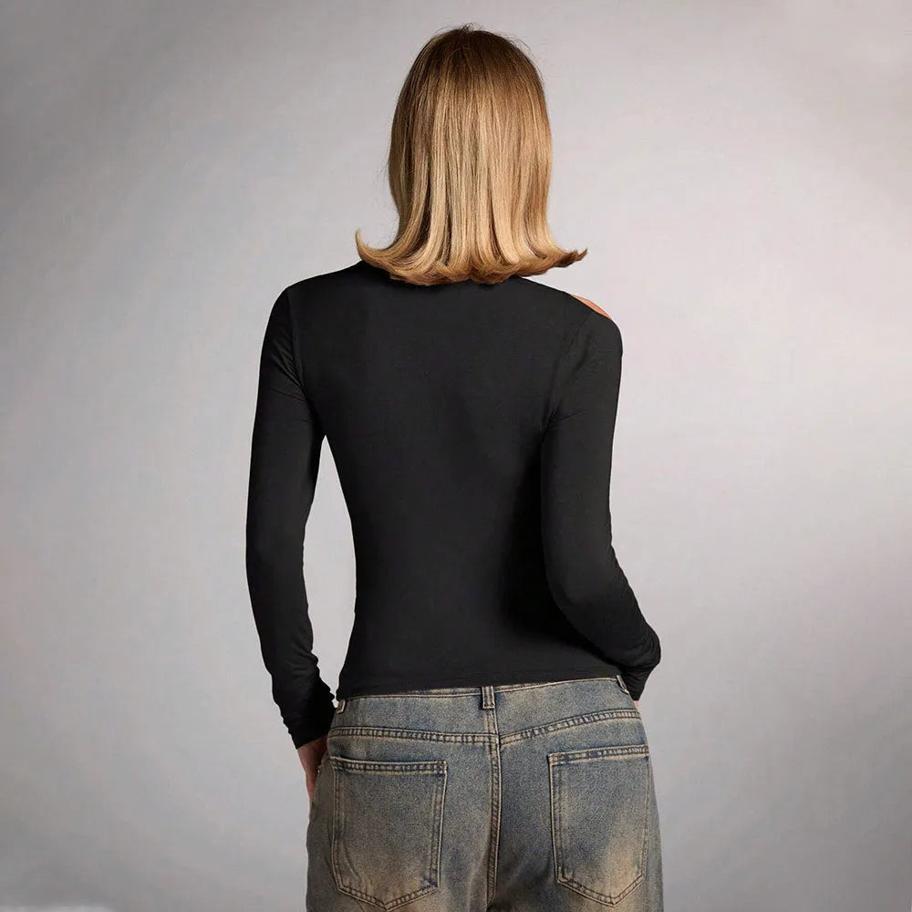 Black women's halter top with shoulder-baring neckline and long sleeves