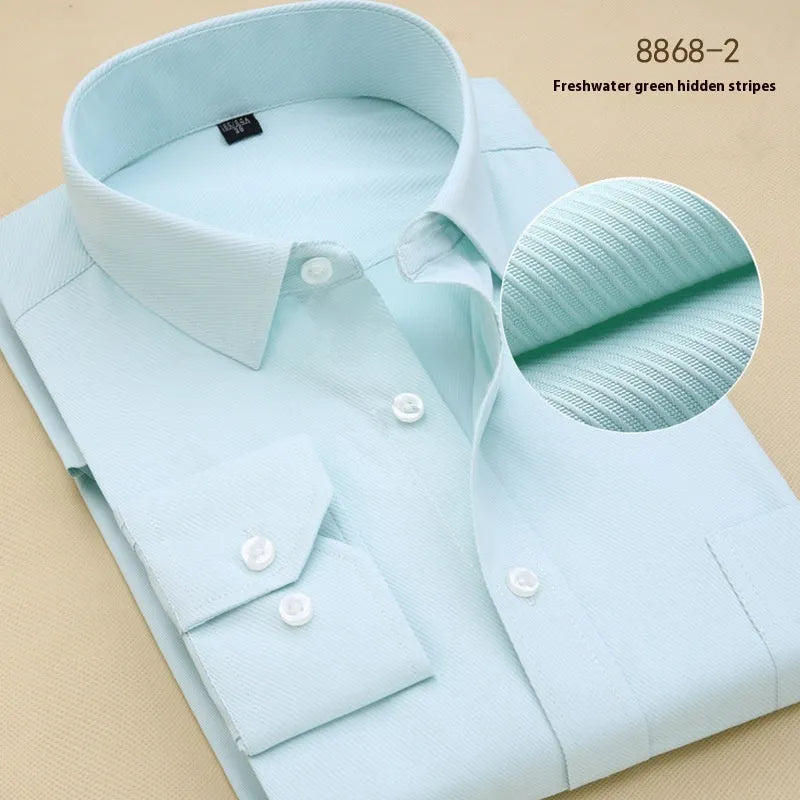 Men's black long sleeve business shirt with slim fit, shown on a hanger.