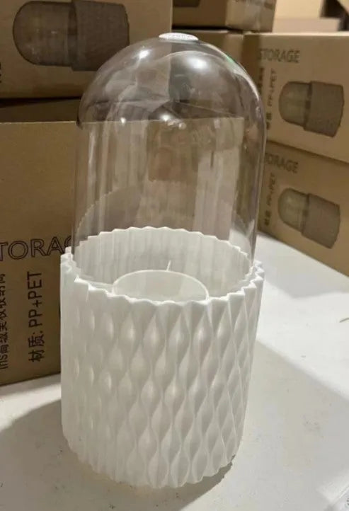 White rotating acrylic makeup brush storage holder with transparent design and dust cover