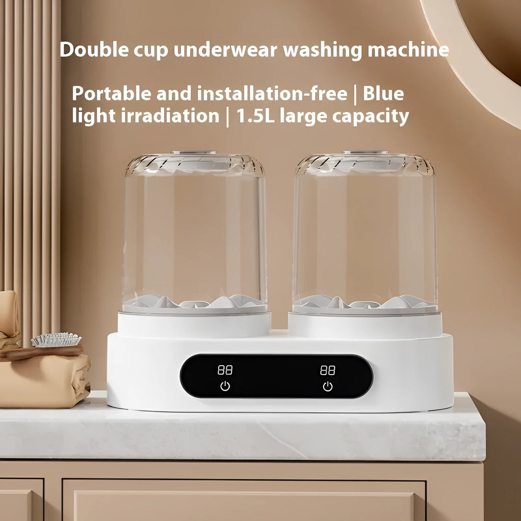 White double bucket mini washing machine with USB cable for portable underwear laundry