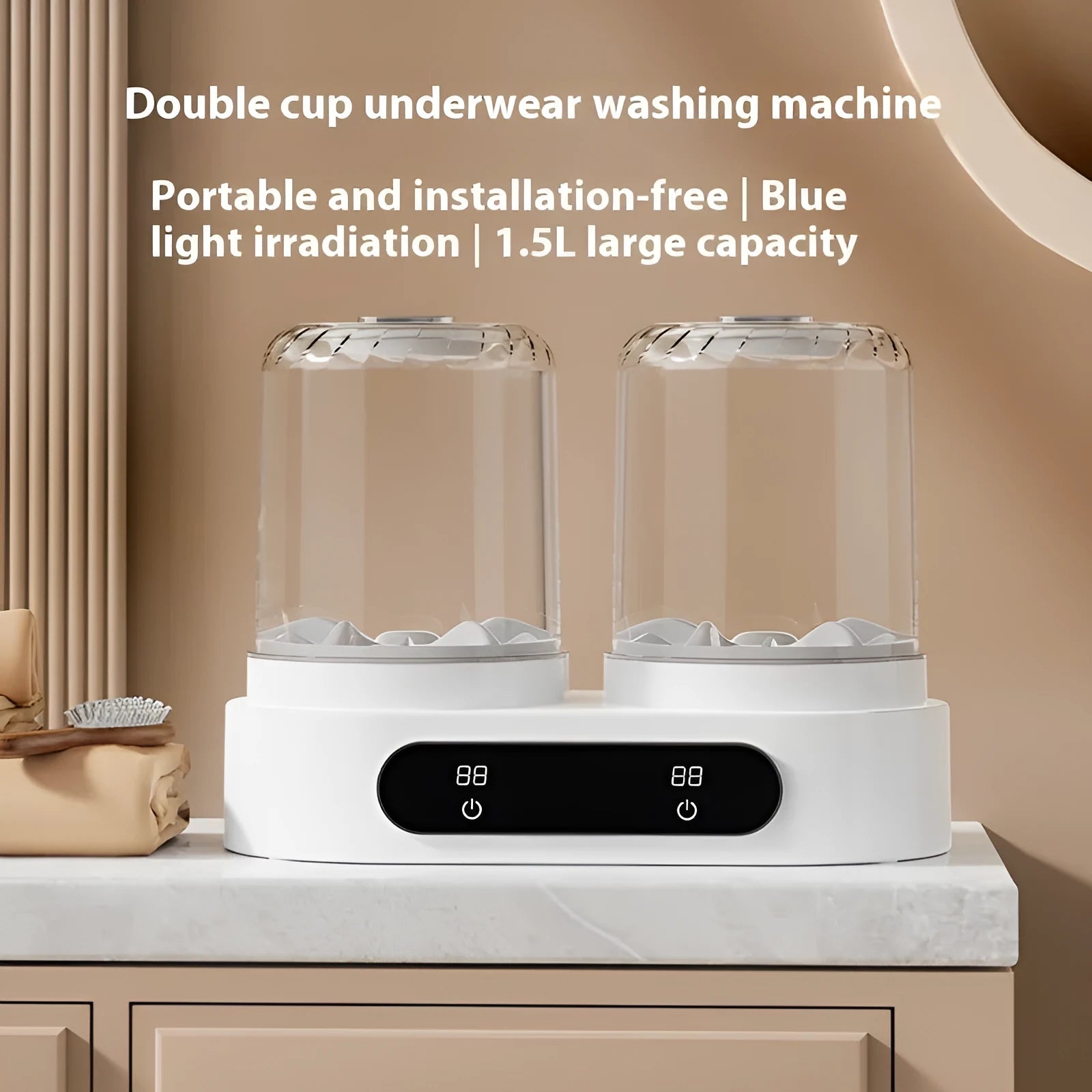 White double bucket mini washing machine with USB cable for portable underwear laundry