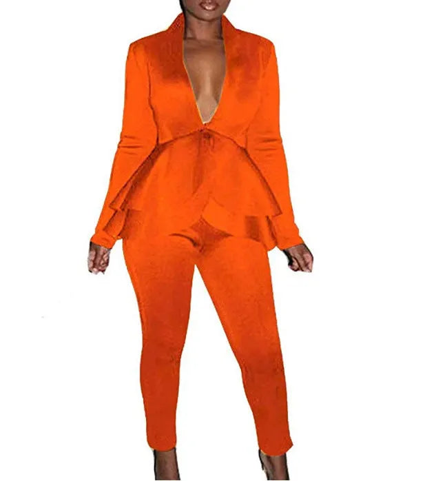 Two-piece polyester business uniform set with ruffled shirt and pencil pants
