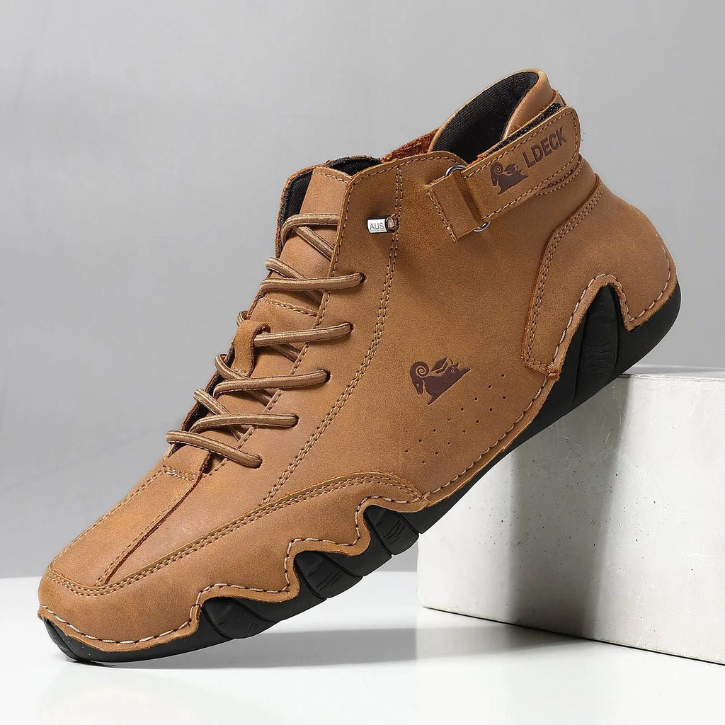 Men's khaki high-top boots with octopus-inspired frosted design and a non-slip rubber sole.