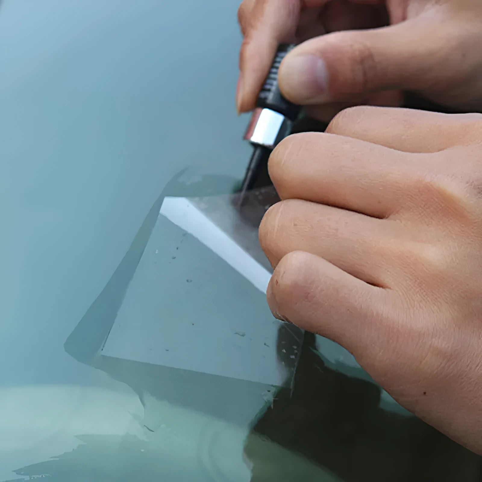 Yellow three-piece car windscreen repair kit with glass repairing liquid for crack and chip repair
