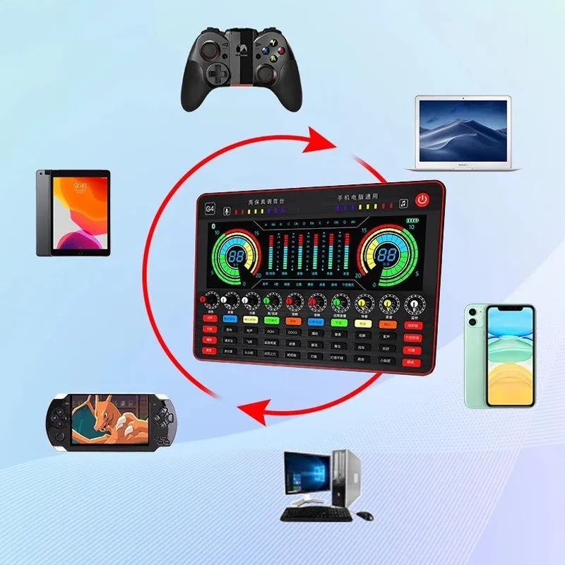 G4 professional USB sound card with LCD display, microphone, remote control and audio cables on a desk