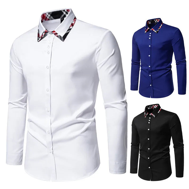 Men's blue, black, and white plaid long sleeve shirt with a contrasting triangle collar.