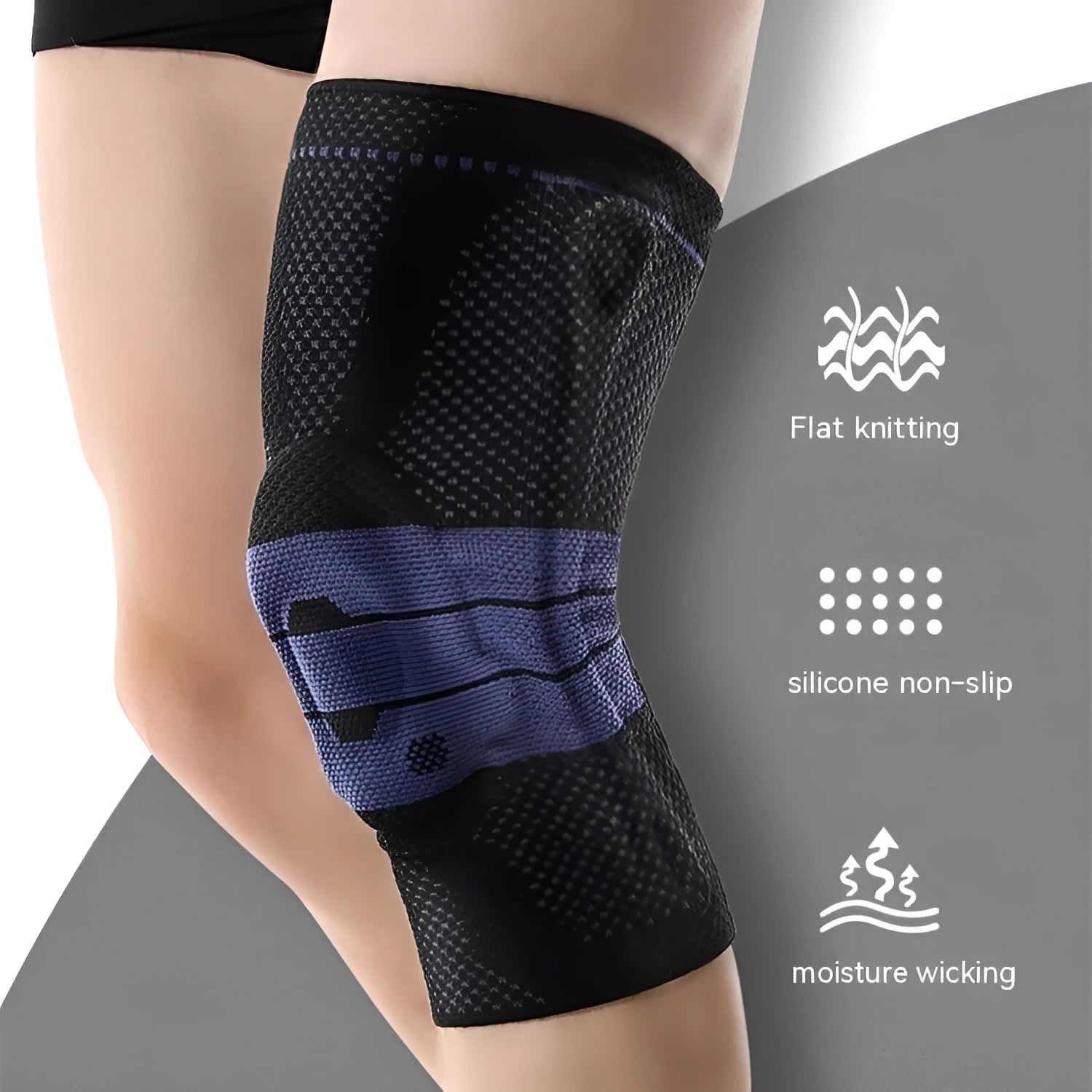 Sports knee pads in black and blue colour with nylon spandex construction for knee protection
