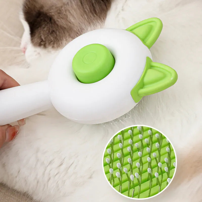 Self-cleaning pet brush with stainless steel bristles in greenish white colour