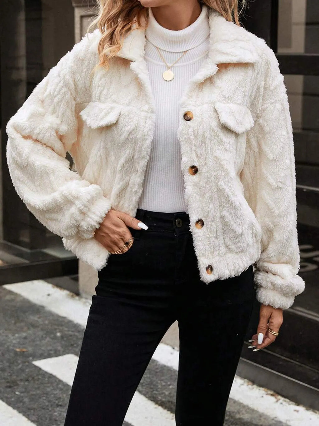 Ivory white women's double-sided plush button cardigan with long sleeves