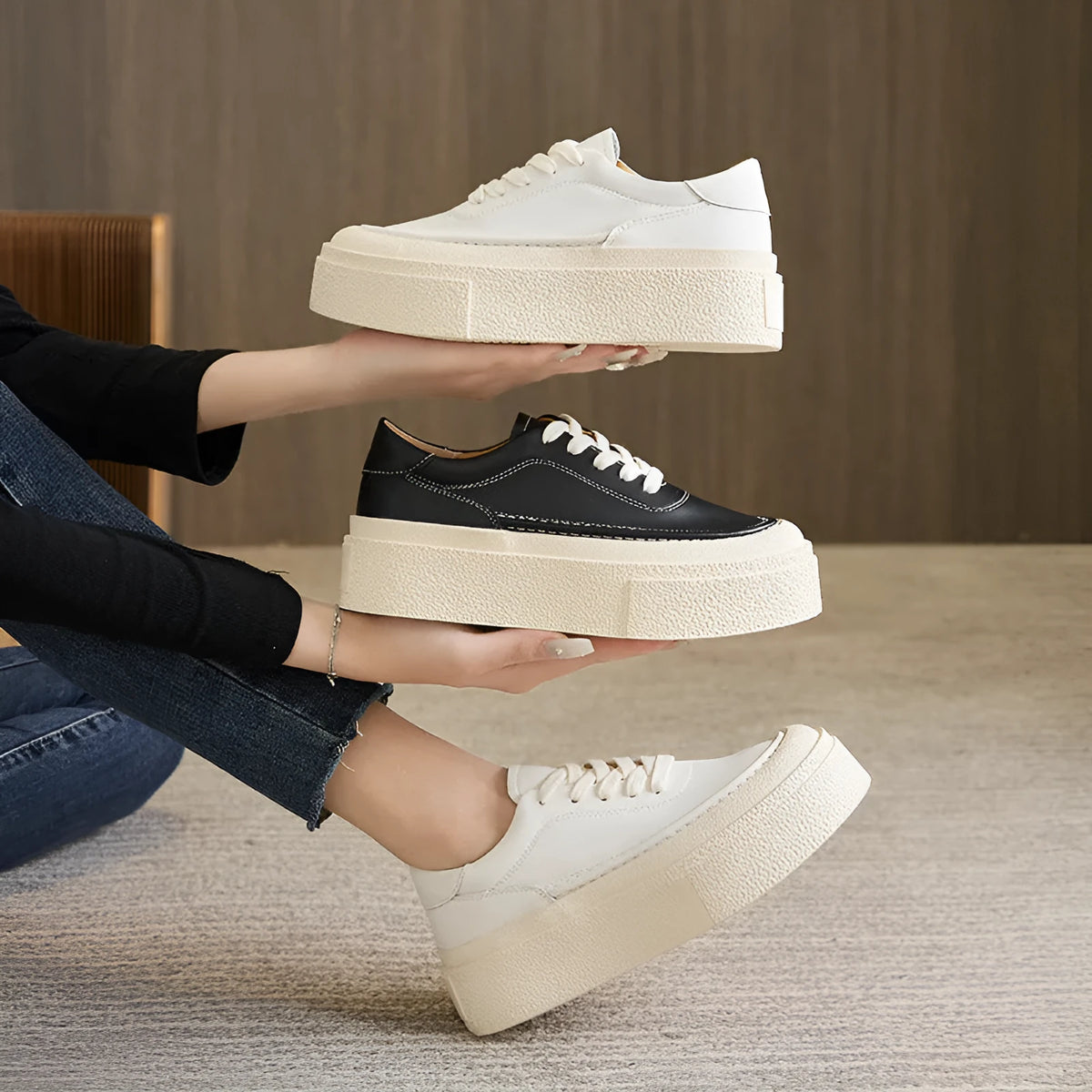 Women's black platform casual board shoes with embossed cowhide leather and round toe