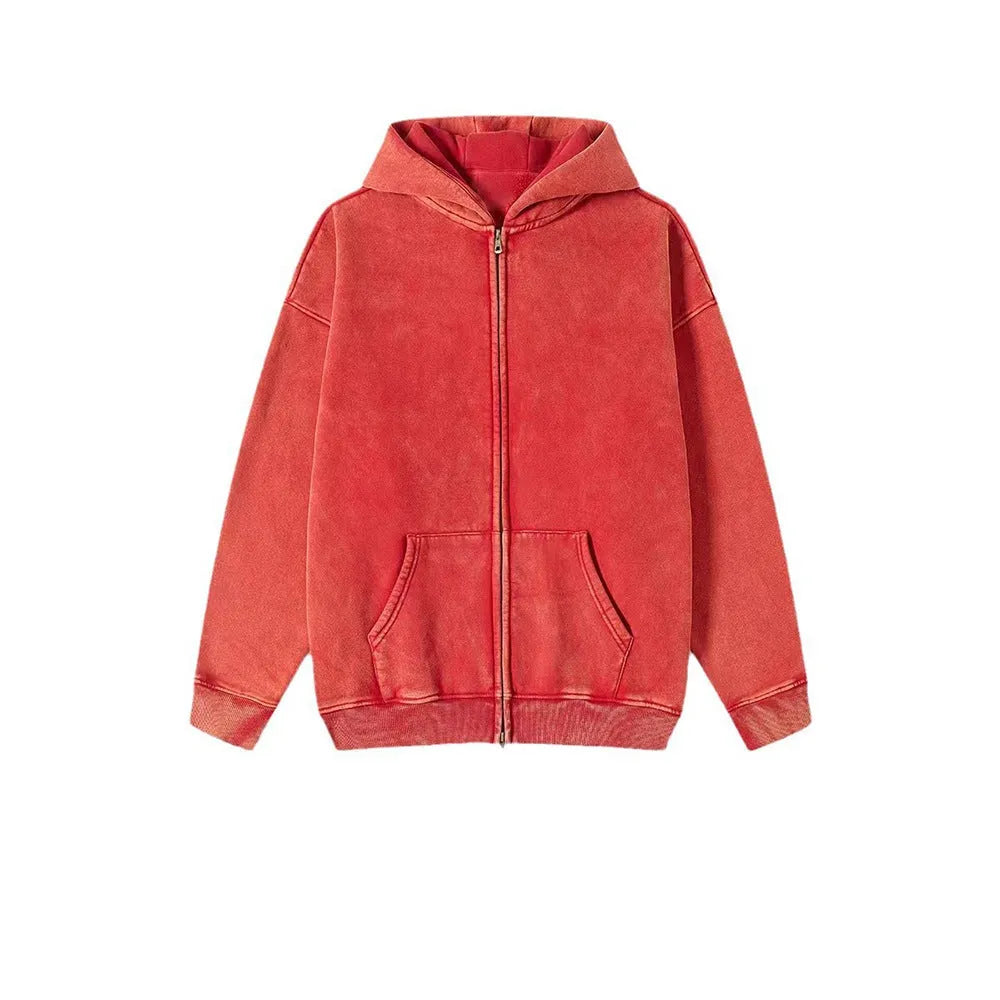 Men's washed cotton hooded cardigan sweater with fleece lining and a double zipper front.