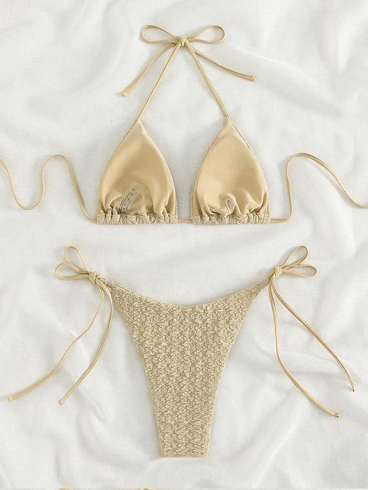 Women's khaki high waist bikini with side lace-up detail on a mannequin.
