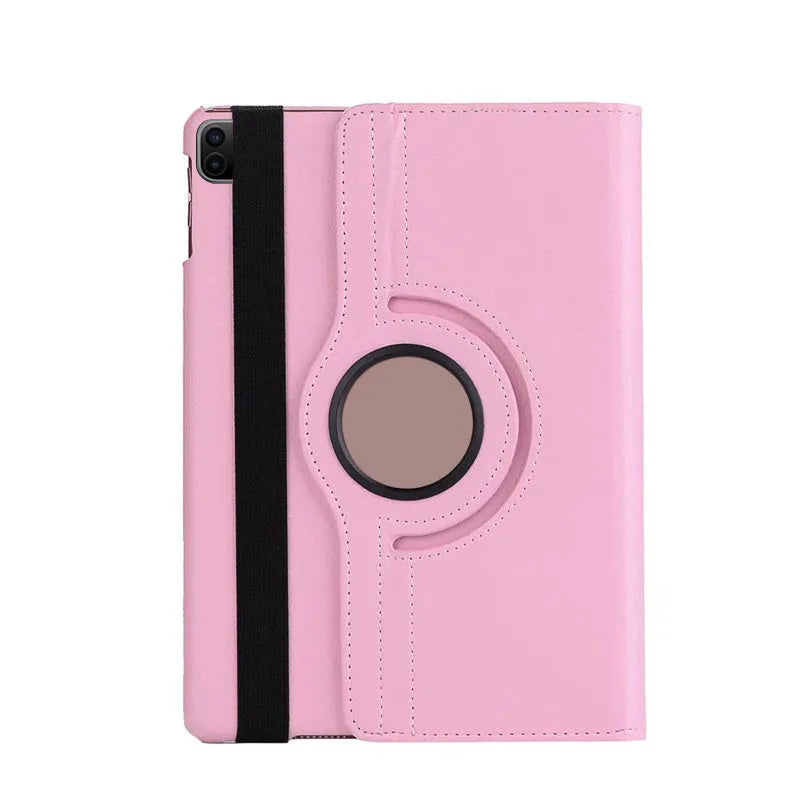 Imitation leather rotating clamshell protective sleeve for iPad, shown in rose red colour.