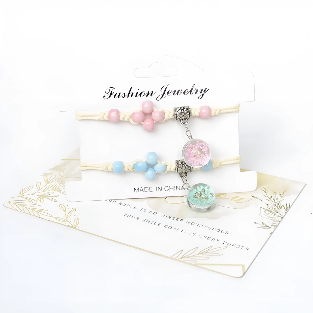 Glass dried flower bracelet for women with large 1.4cm bead and lace charm in multiple colour choices.