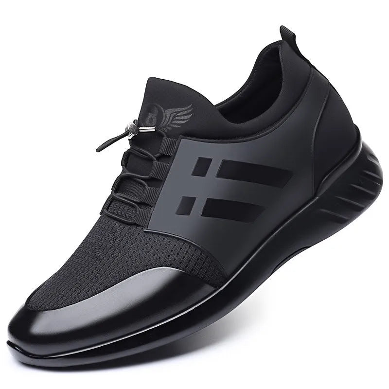 Men's black casual height increasing sneakers in leather, mesh, and Lycra options with low-top round toe design.