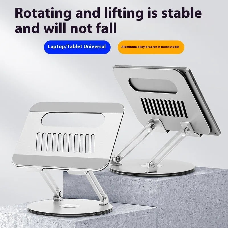 Silver aluminium alloy rotatable laptop stand with height adjustment and foldable design