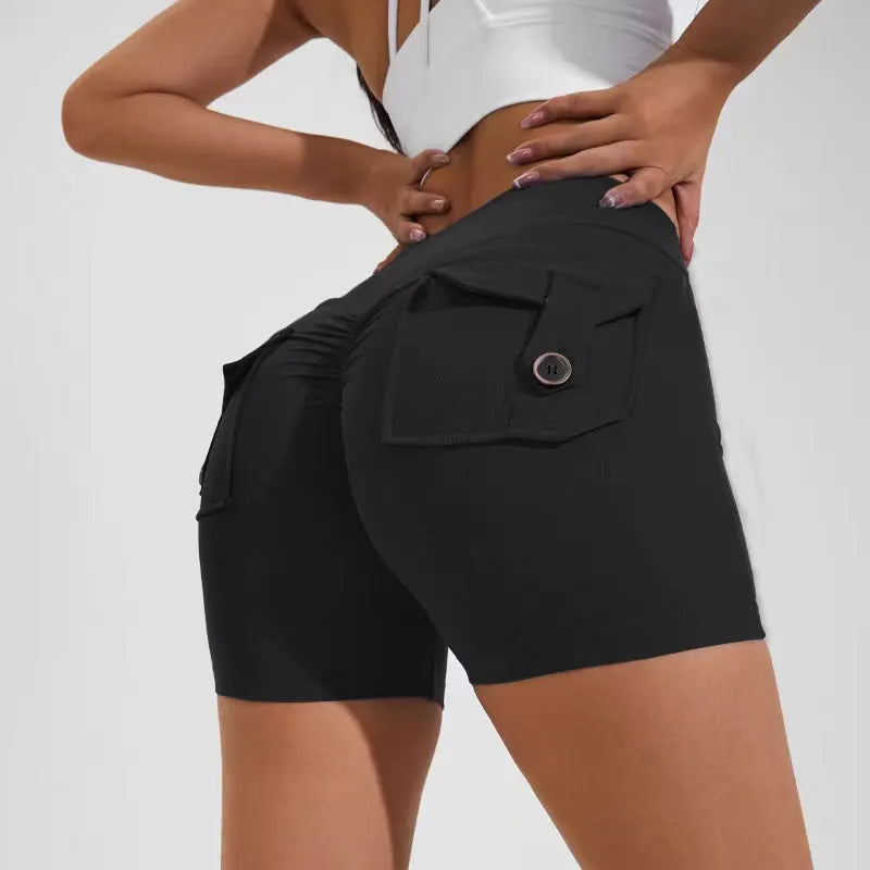 Women's high waist hip lifting shorts with pockets in various colours for fitness activities