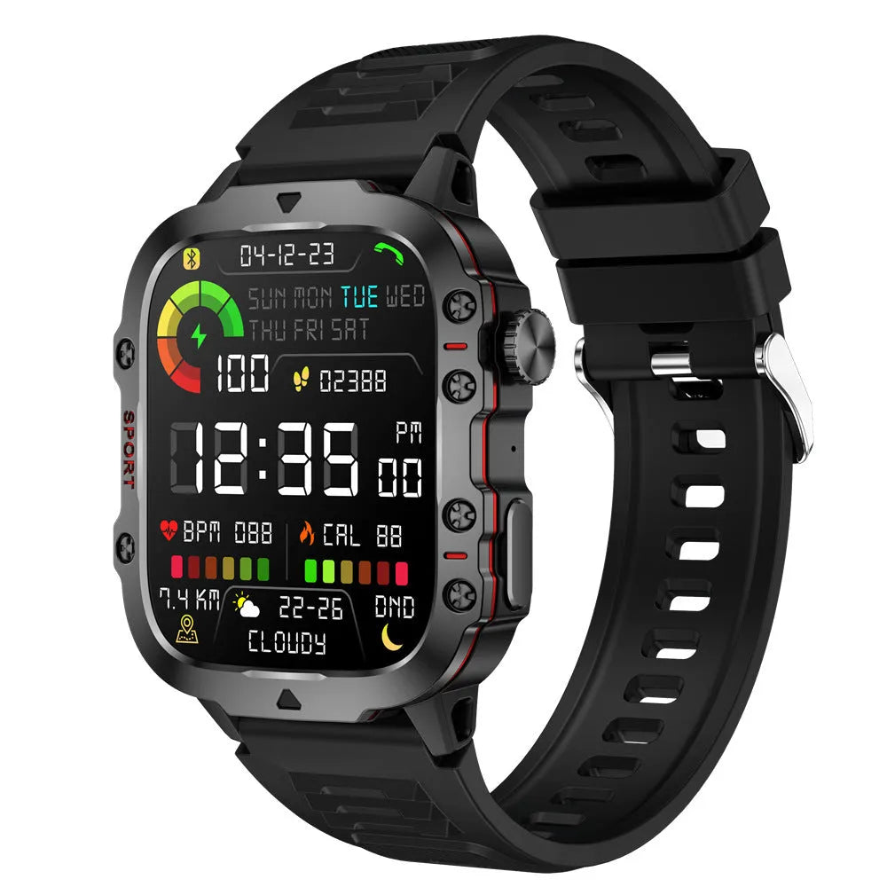 QX11 Smart Watch in black with silicone strap showing TFT touch screen displaying heart rate data.