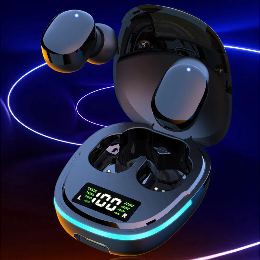Black true wireless Bluetooth in-ear headphones with charging case showing digital battery display