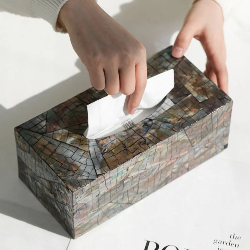 Black natural shell tissue box storage organiser with removable insert in rectangular and square options.