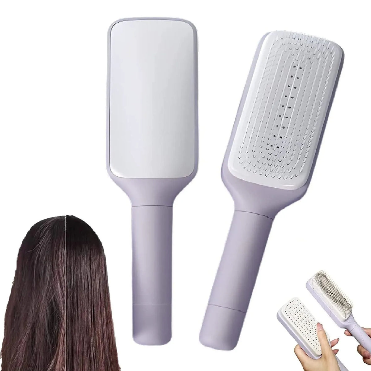 Self-cleaning anti-static massage hair brush with rotating handle in purple colour