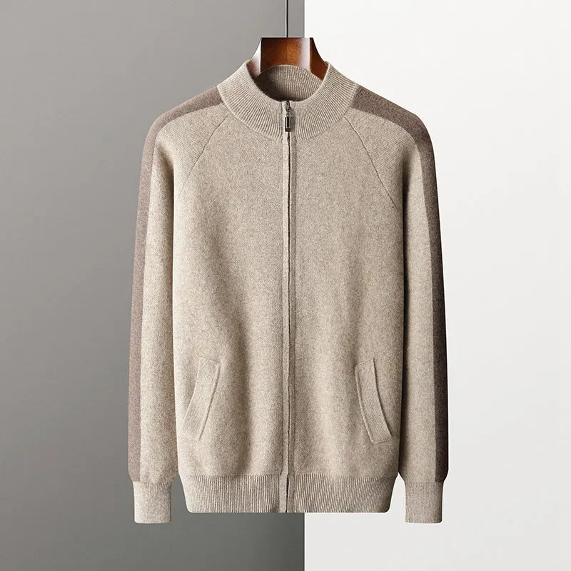 Cashmere wool blend men's sports cardigan suit with half turtleneck and matching trousers