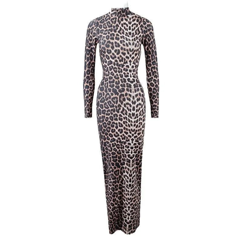 Women's leopard print long dress with stand collar and long sleeves showing high waist hip skirt silhouette