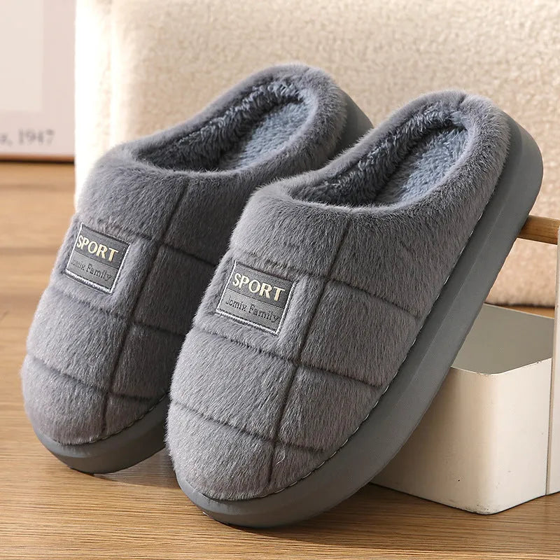 Men's grey and brown plaid winter slippers with thick rabbit hair upper and wool lining.