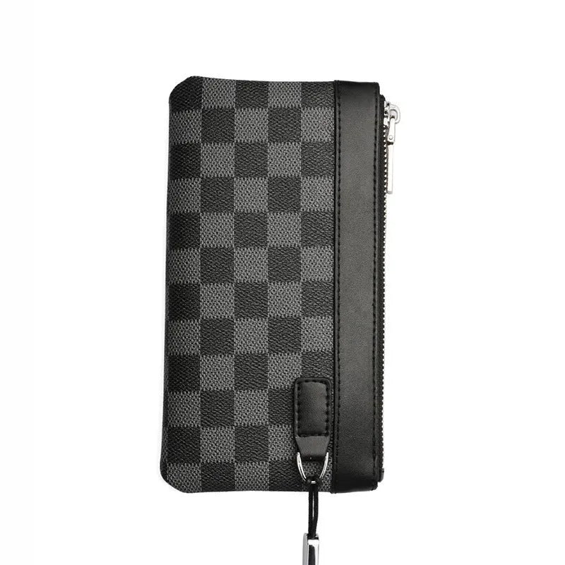 Black men's leather plaid clutch wallet showing genuine cowhide texture and 20x10cm dimensions