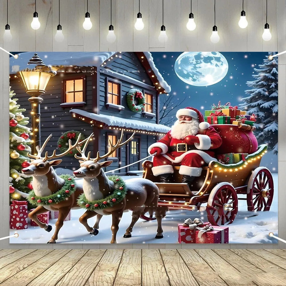 Christmas banner with Santa Claus and gifts scene measuring 210x150 cm